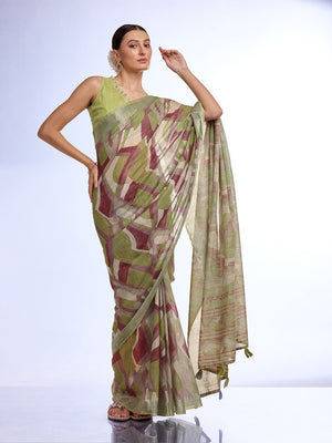 Green Linen Blend Saree With Blouse Piece