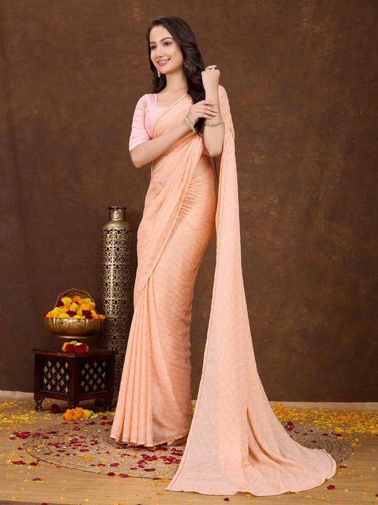 Orange Crepe Georgette Gold Foil Embellished Printed Saree With Blouse Piece