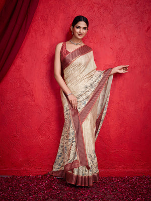Cream Poly Silk Festival Saree With Blouse Piece
