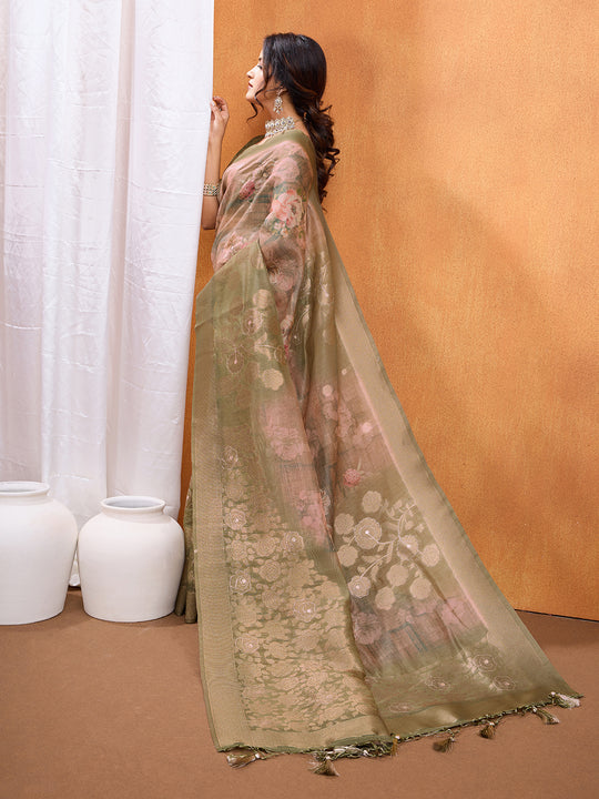 Olive Cotton Blend Saree With Blouse Piece