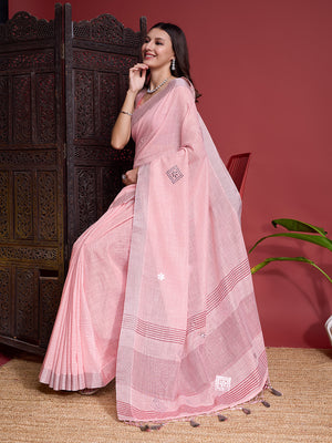 Peach Linen Blend Saree With Blouse Piece