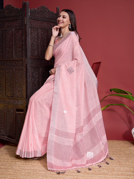 Peach Linen Blend Saree With Blouse Piece