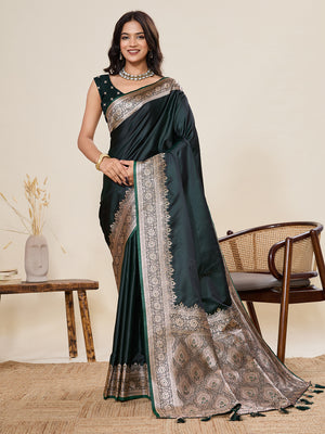 Green Pure Satin Silk Gala Border Concept Weaved With Jari And Minakari Rich Pallu Saree With Blouse Piece