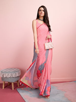 Pink Silk Blend Party Wear Saree With Blouse Piece