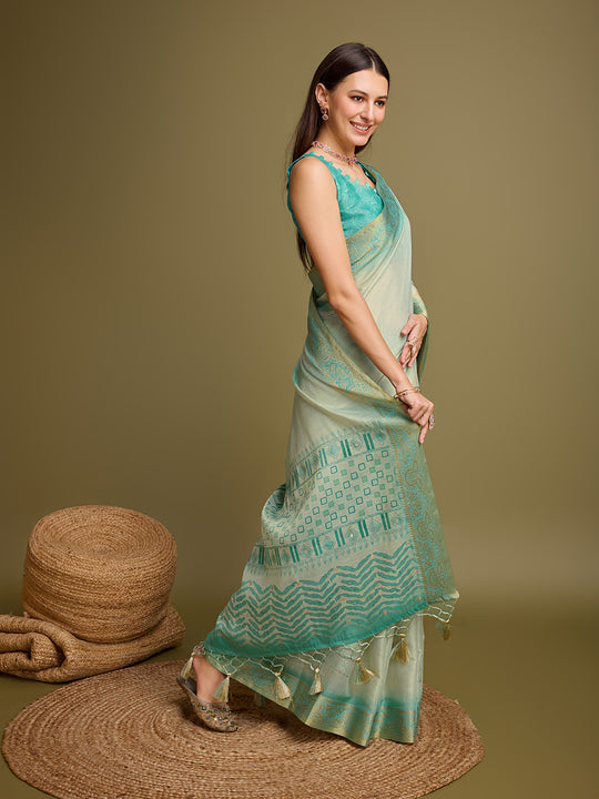 Teal Silk Blend Saree With Blouse Piece