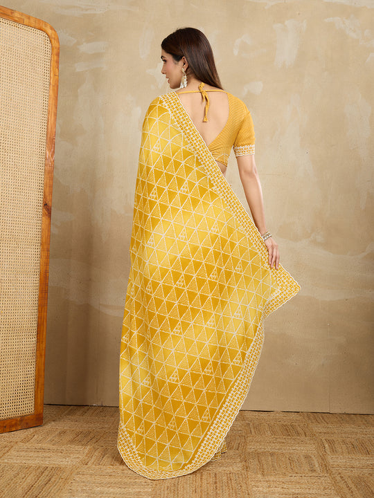 Poly Georgette Geometric Printed Saree With Embroidered Border And Blouse Piece