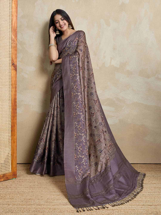 Purple Pure Handloom Tussar Woven Pallu Ajrakh Printed With Blouse Piece