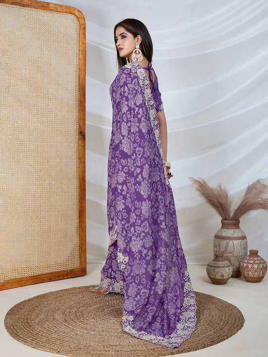 Poly Georgette Geometric Print Saree With Embroidery And Scaloping Work With Unstitched Blouse Piece