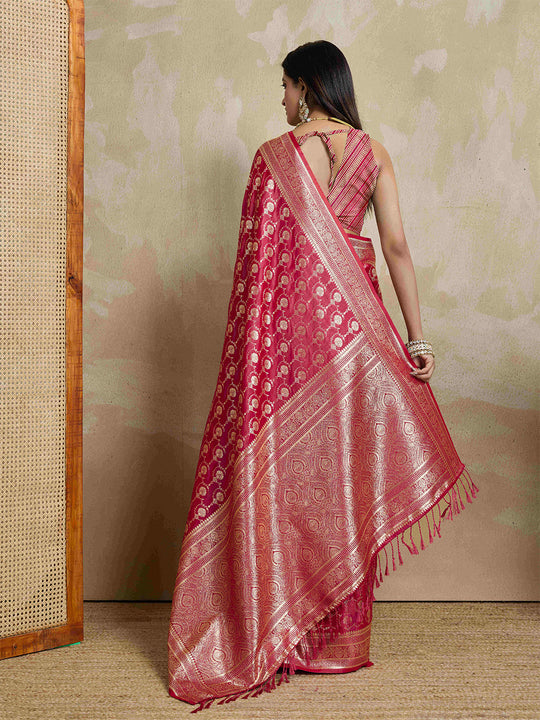 Rosepink Pure Satin Banarasi Saree With Tassels Saree With Blouse Piece