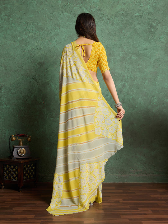 Poly Chiffon Leheriya Printed Saree With A Floral Touch And Swaroski Work With Scalloping