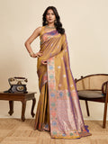 Gold Pure Jacquard Fabrics With Sona Chandi Pure Zari Work Saree With Blouse Piece