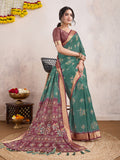 Teal Poly Crepe Festive Wear Saree With Blouse Piece
