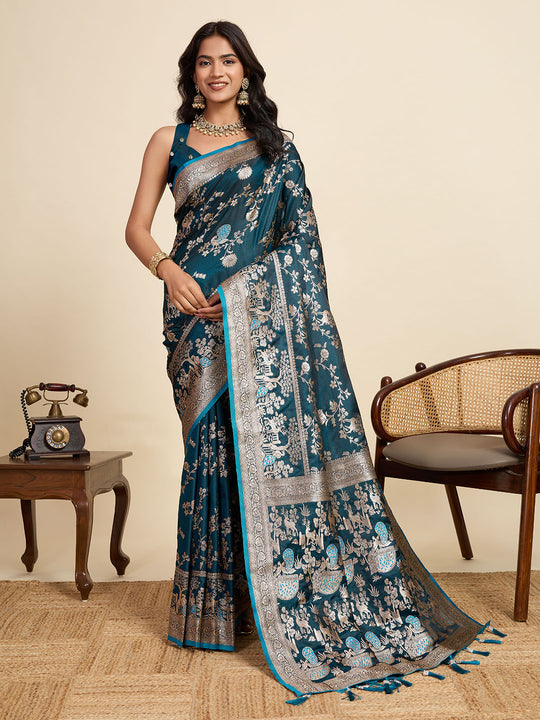 Teal Green Soft Silk Sarees Premium Two Tone Satin Fabric With Unique Designs Saree With Blouse Piece