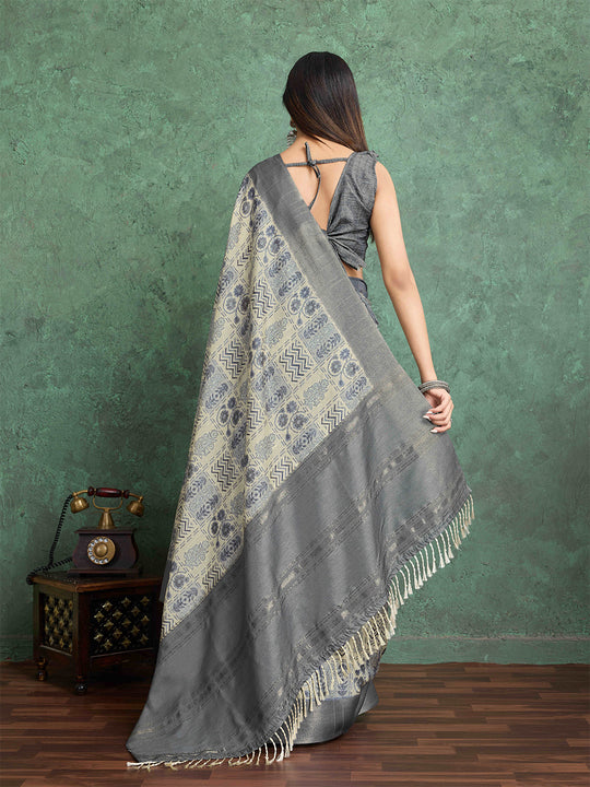 Milkywhite Pure Handloom Tussar Woven Pallu Ajrakh Printed With Blouse Piece