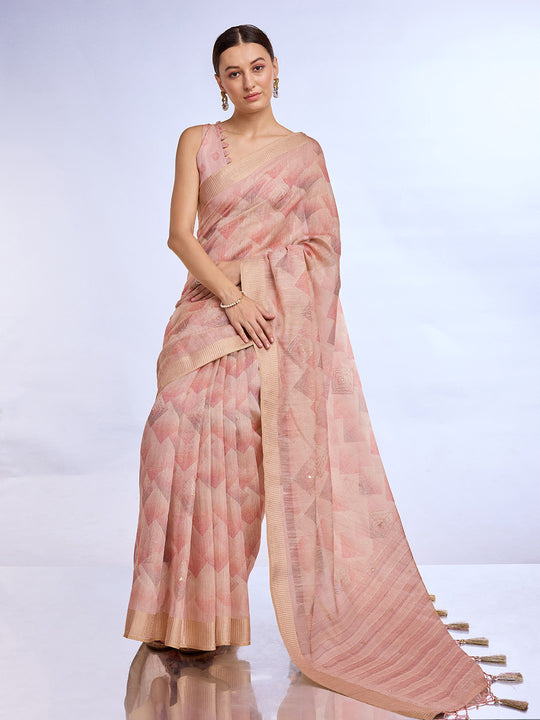 Peach Tissue Linen Blend Saree With Blouse Piece