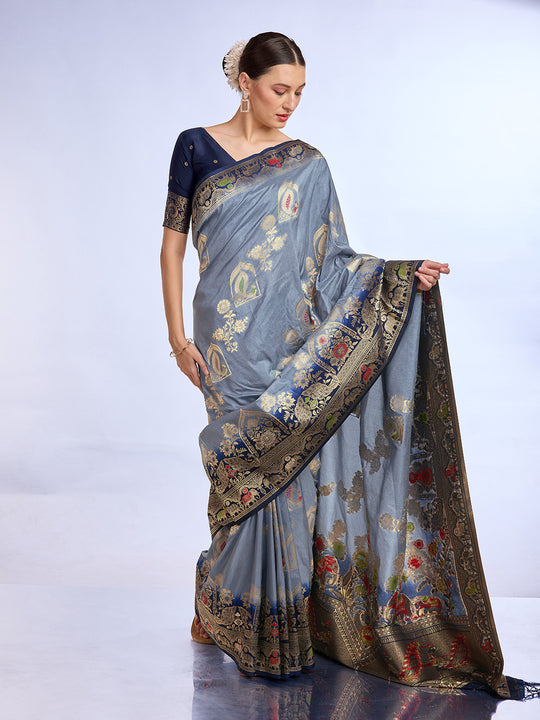 Grey Pure Silk Saree With Blouse Piece