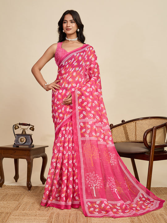 Pink Linen Saree With Jari Border All Over Single Colour Printed Saree With Blouse Piece