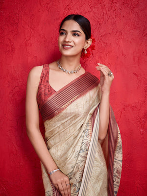 Cream Poly Silk Festival Saree With Blouse Piece