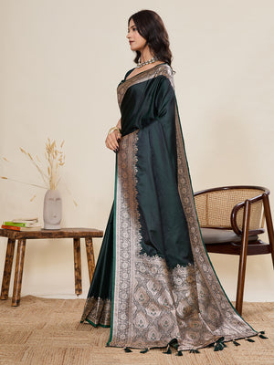 Green Pure Satin Silk Gala Border Concept Weaved With Jari And Minakari Rich Pallu Saree With Blouse Piece