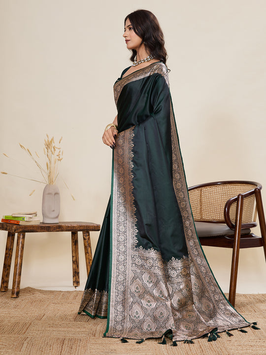 Green Pure Satin Silk Gala Border Concept Weaved With Jari And Minakari Rich Pallu Saree With Blouse Piece