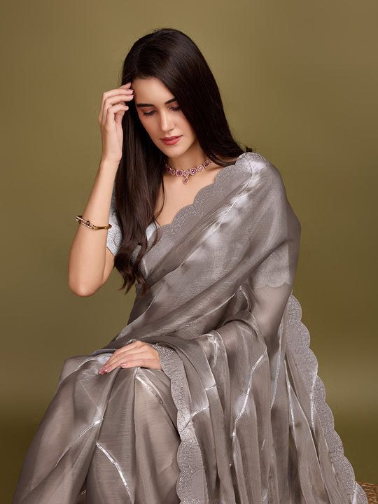 Brown Organza Party Wear Saree With Blouse Piece