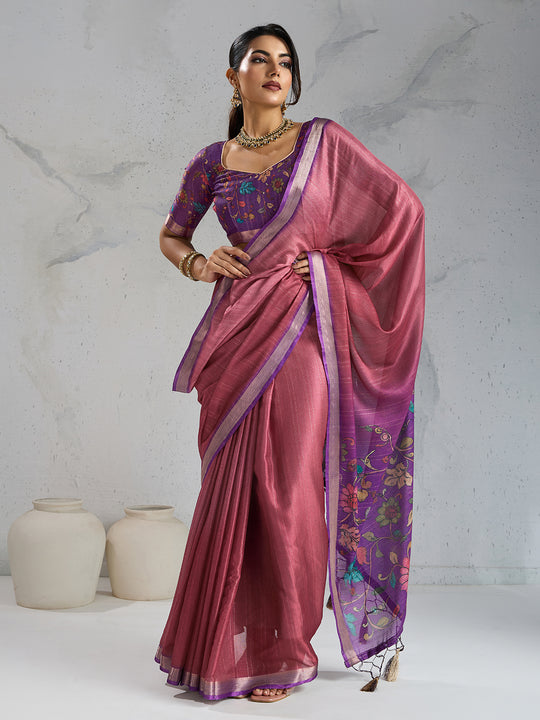 Pure Chiffon Digital Printed Woven Saree With Woven Border And Fancy Tassels