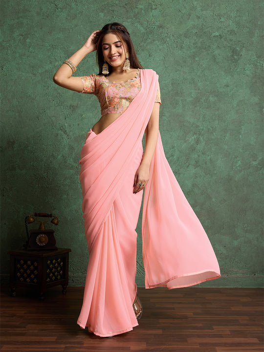 Poly Chiffon Dyed Saree With Heavy Embroidered Blouse Piece