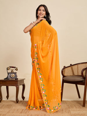 Yellow Georgette Soft Silk Saree With Blouse Piece