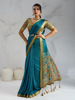 Pure Chiffon Digital Printed Woven Saree With Woven Border And Fancy Tassels