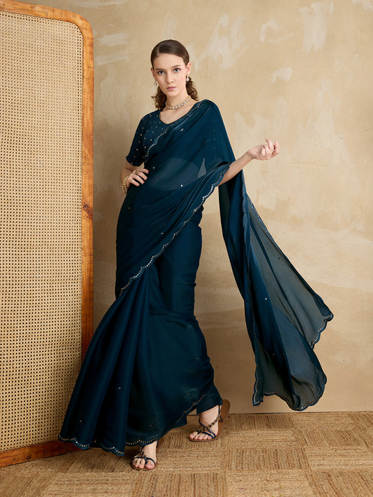 Embellished Mirror Work Organza Saree With Blouse Piece