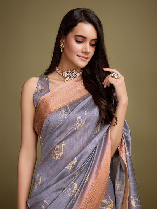 Blue Silk Blend Saree With Blouse Piece