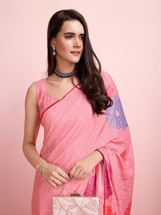 Pink Silk Blend Party Wear Saree With Blouse Piece