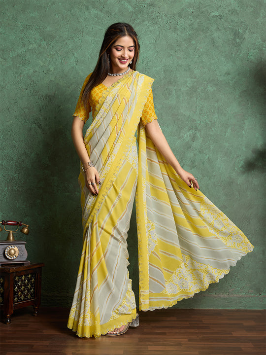 Poly Chiffon Leheriya Printed Saree With A Floral Touch And Swaroski Work With Scalloping
