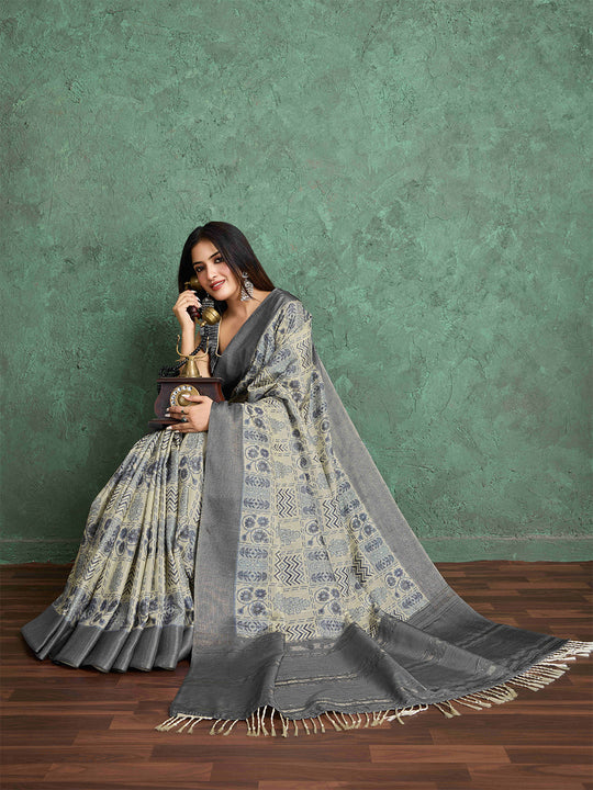 Milkywhite Pure Handloom Tussar Woven Pallu Ajrakh Printed With Blouse Piece