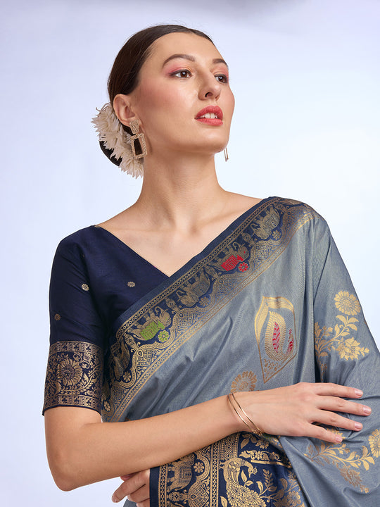 Grey Pure Silk Saree With Blouse Piece