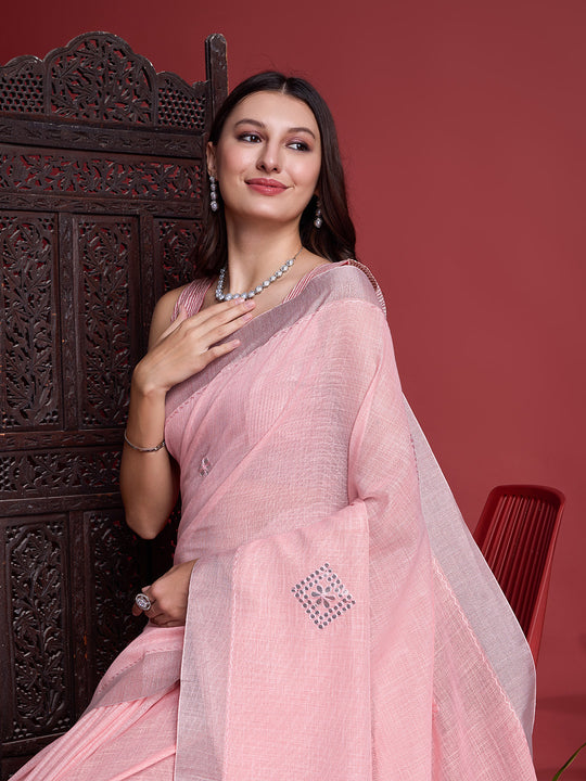 Peach Linen Blend Saree With Blouse Piece