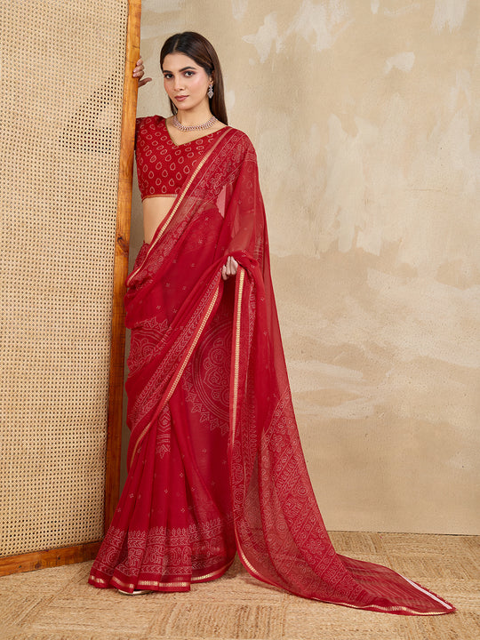 Pure Chiffon Bandhani Printed Saree With Viscose Woven Border And Blouse Piece