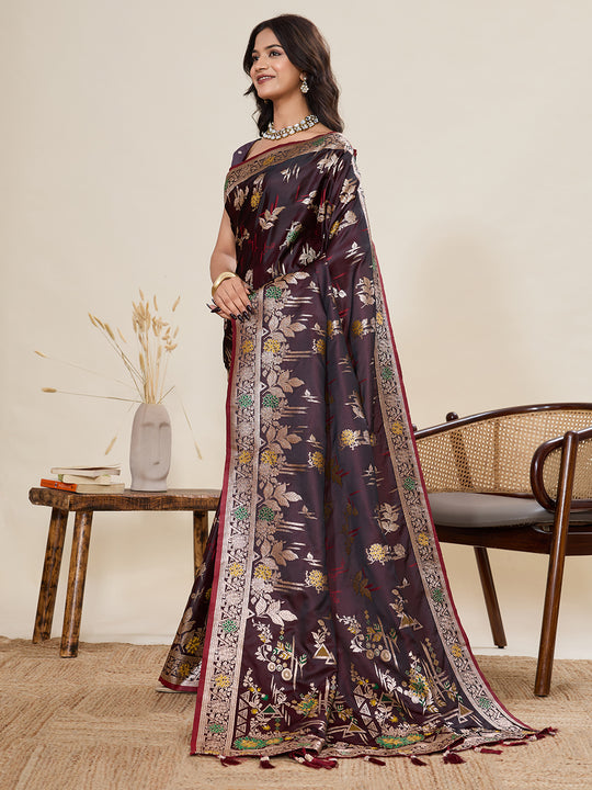 Maroon Soft Silk Sarees Premium Two Tone Satin Fabric With Unique Pathani Type Designs Saree With Blouse Piece