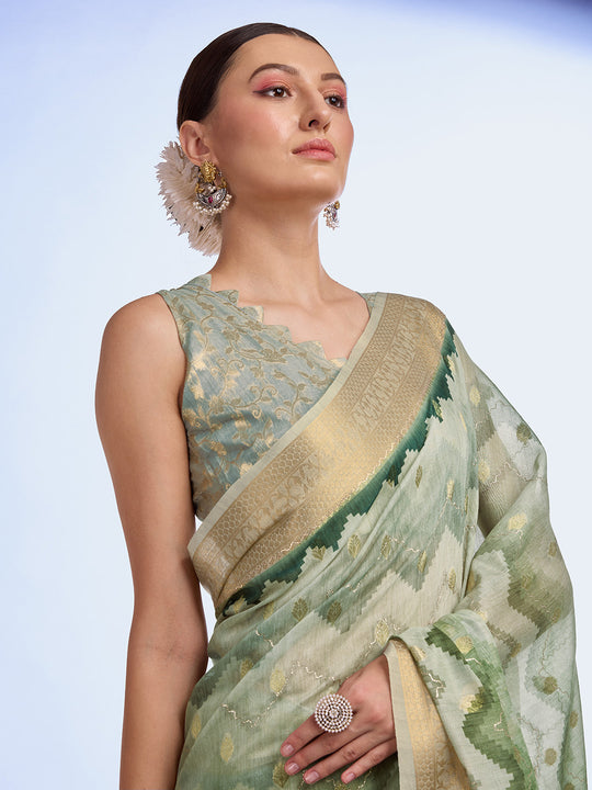 Green Cotton Blend Saree With Blouse Piece