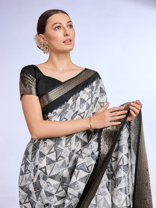 White & Black Dola Silk Saree With Blouse Piece