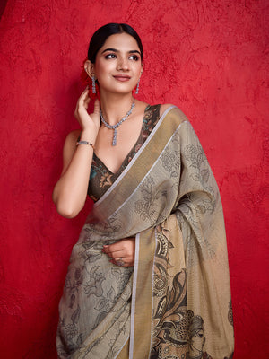 Brown Poly Silk Festival Saree With Blouse Piece