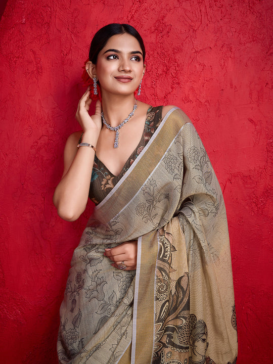 Brown Poly Silk Festival Saree With Blouse Piece