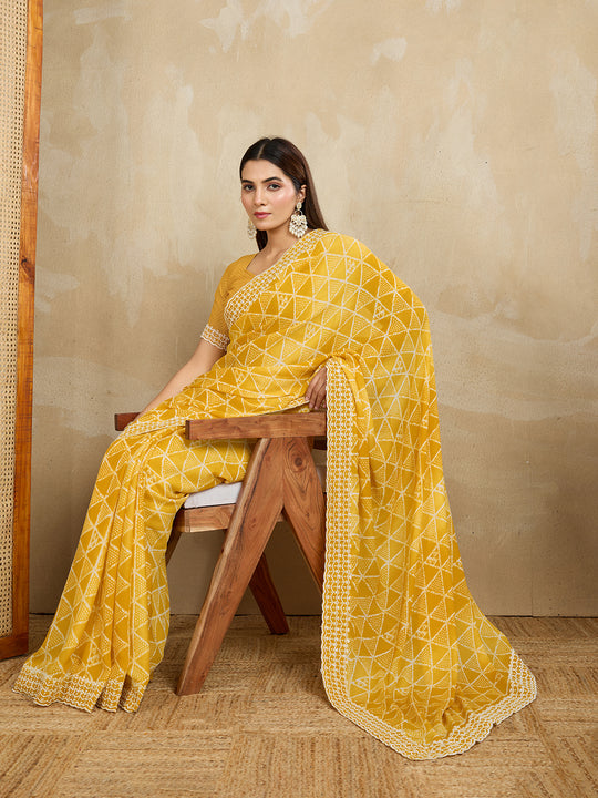 Poly Georgette Geometric Printed Saree With Embroidered Border And Blouse Piece