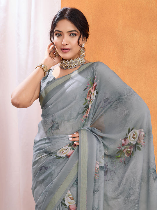 Grey Poly Crepe Party Wear Saree With Blouse Piece