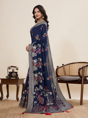 Blue Cotton Saree With All Over Light Single Colour With Table Printed And Border Piping Saree With Blouse Piece