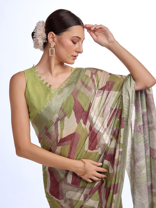 Green Linen Blend Saree With Blouse Piece