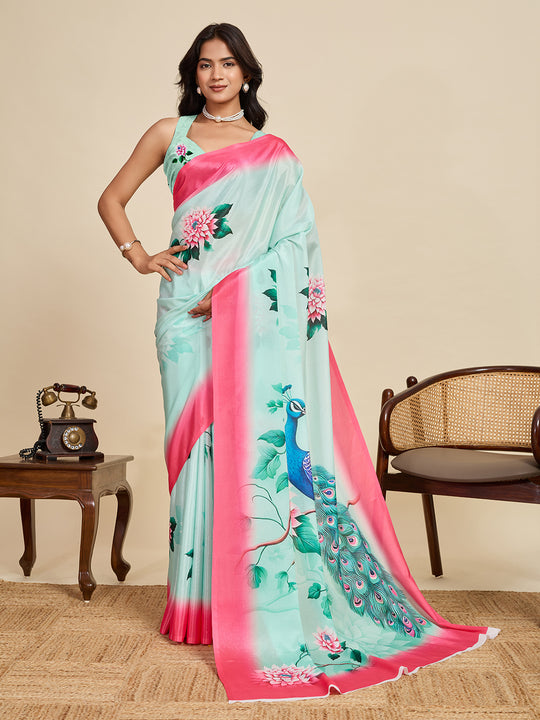 Ice Blue Chinon Saree All Over Single Colour Printed Saree With Blouse Piece