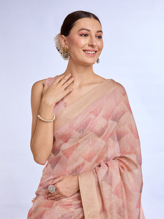 Peach Tissue Linen Blend Saree With Blouse Piece