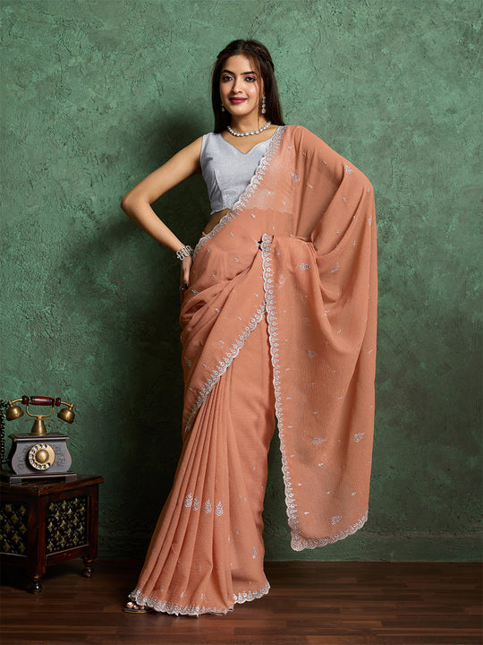 Pure Georgette Solid Embroidered Saree With Scalloping And Fancy Blouse