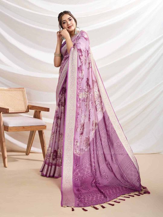 Pink Silk Chiffon Viscose Border Floral Printed Saree Saree With Blouse Piece
